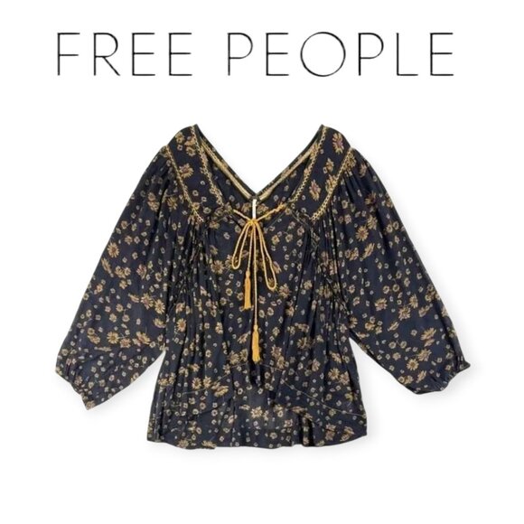 Free People Black Gold Sunflower Pattern Never a Dull Moment Peasant Blouse S - Picture 1 of 12